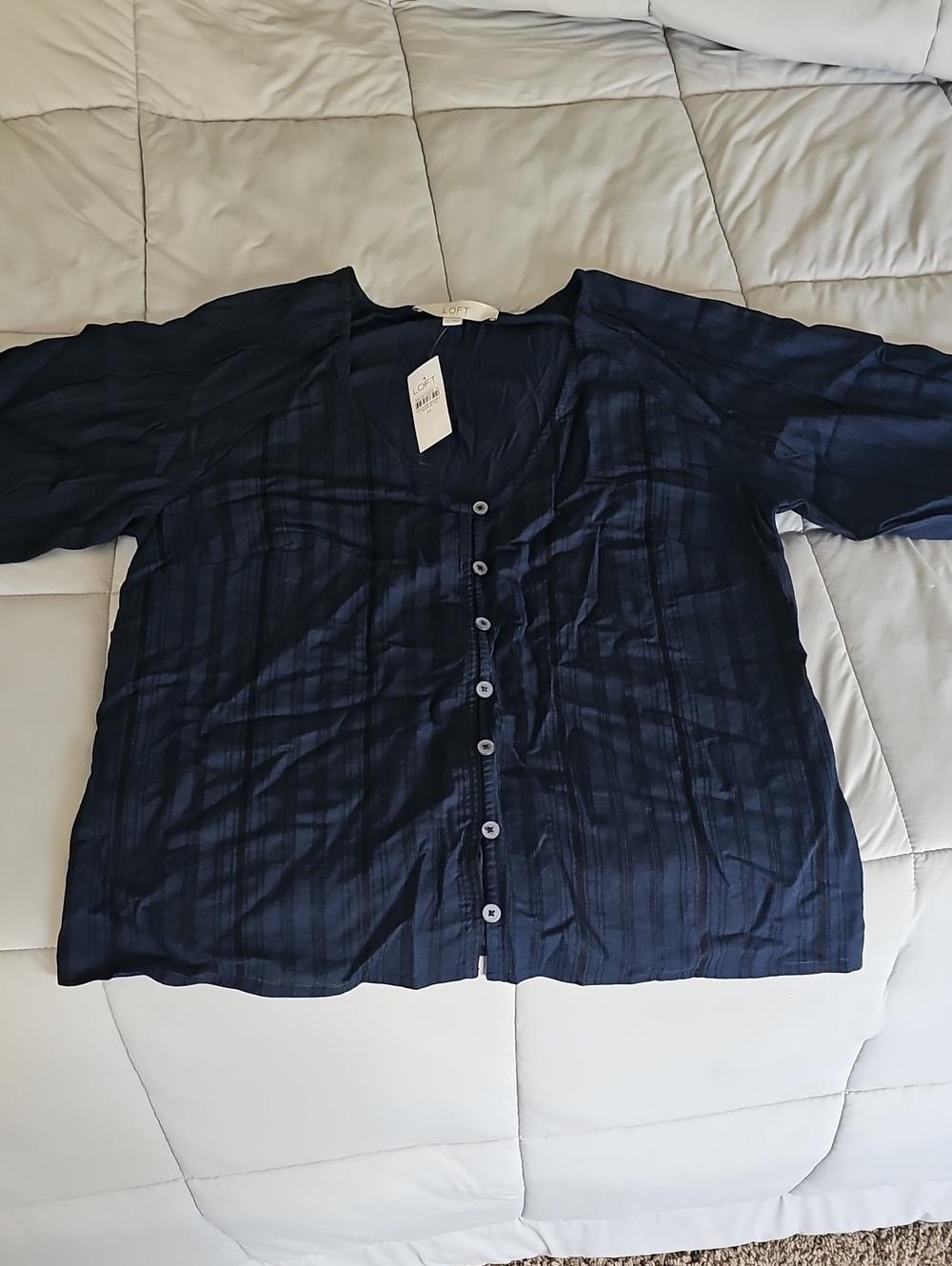 LOFT Navy Button-Front Short-Sleeve Top